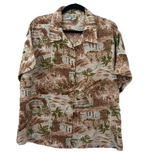 Ten2One Mens XL Shirt Hawaiian Brown Mountain Palm Design Tourist Beach Vacation